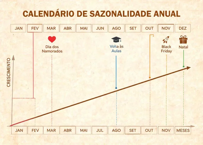 Calendário anual com meses marcados por ícones de presentes, corações, datas festivas e gráficos de crescimento de vendas em cada período destacado.