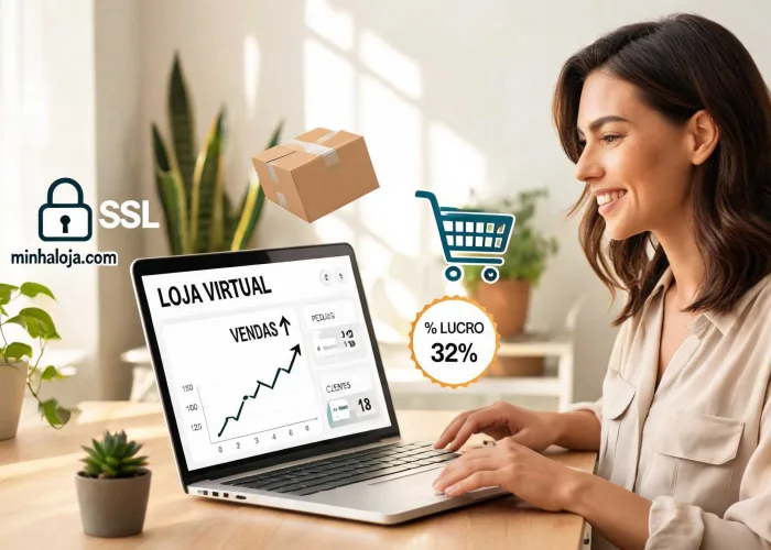 Empreendedora sorrindo em frente a um notebook que exibe o painel de controle de uma loja virtual, com gráficos de vendas subindo e ícones de produtos ao redor.