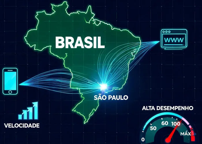 Mapa do Brasil com destaque para a cidade de São Paulo, de onde partem conexões de fibra óptica que iluminam ícones de websites e dispositivos móveis.
