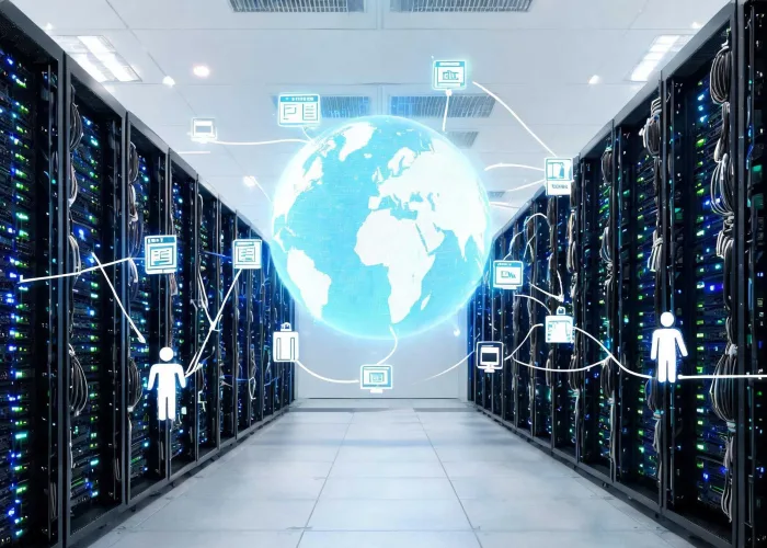 Ilustração de um servidor físico em um data center, com cabos de rede e luzes piscando, conectado a ícones de sites e usuários ao redor do mundo.